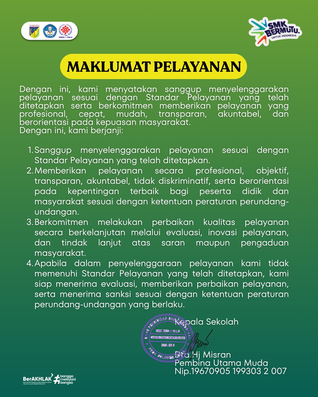 SMK Negeri 1 Palu Publikasikan Maklumat Pelayanan sebagai Wujud Komitmen Pelayanan Publik